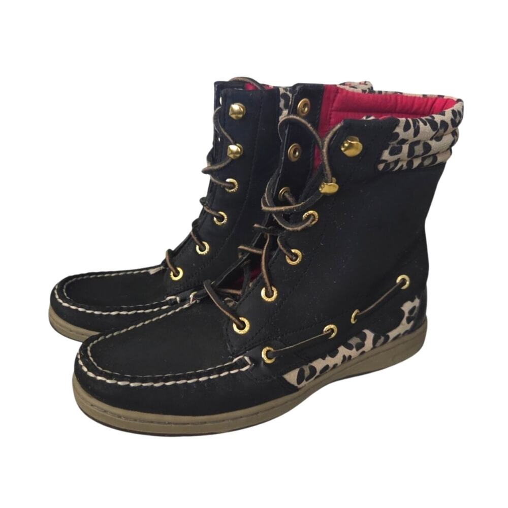 Sperry 7.5 Hikerfish Black Leather Leopard Lace High Ankle Boots  9531393